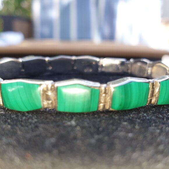 Beautiful Vintage Taxco Mexico 950 Solid Silver Natural Malachite Link Bracelet - Picture 8 of 12